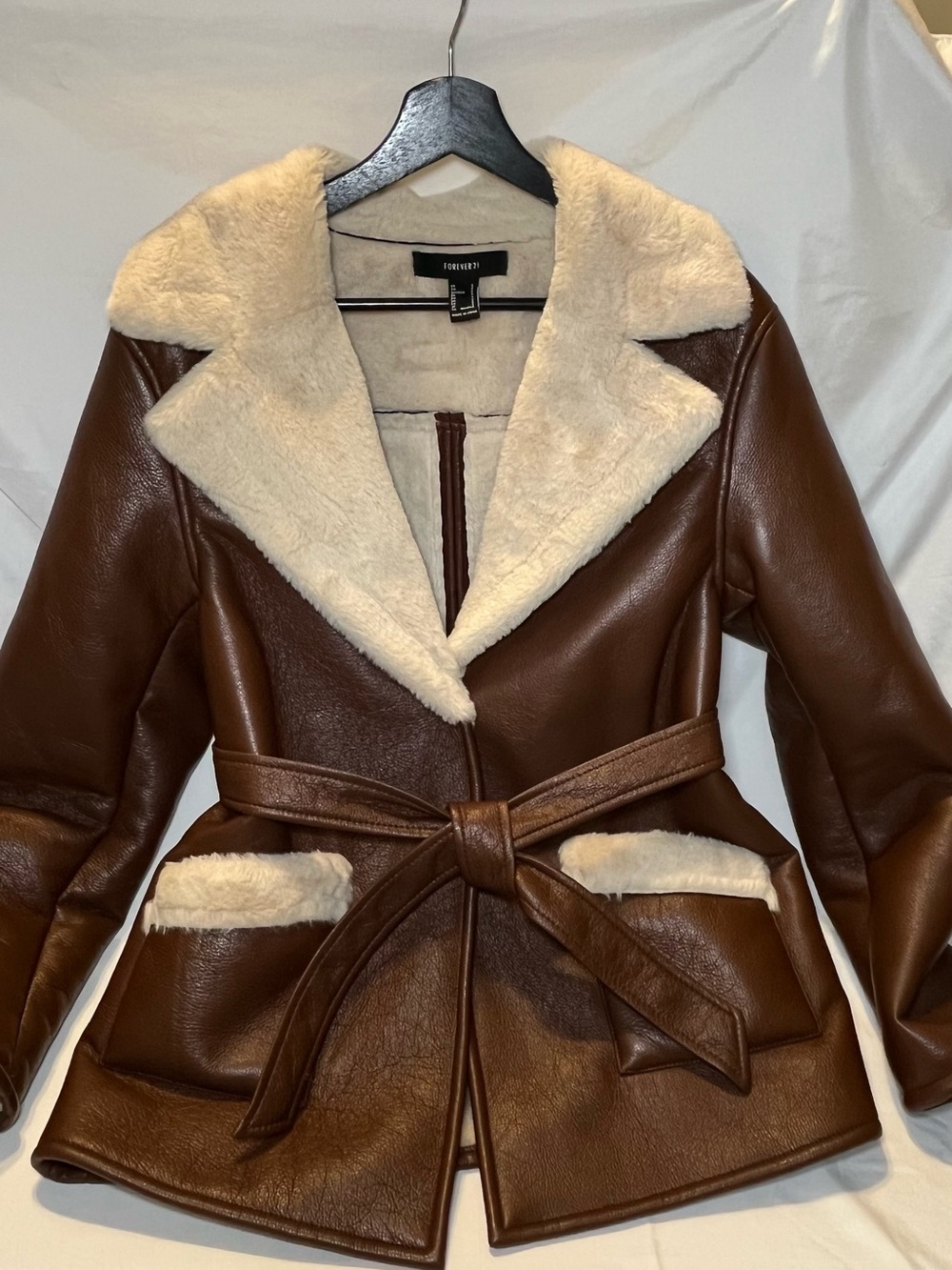 Forever 21 Brown Faux Leather Jacket with Cream Faux Shearling Trim